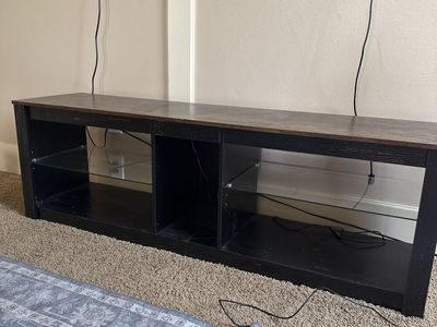 Spacious TV Stand Entertainment Center - Dark Wood Finish, Glass Shelves, Media Console