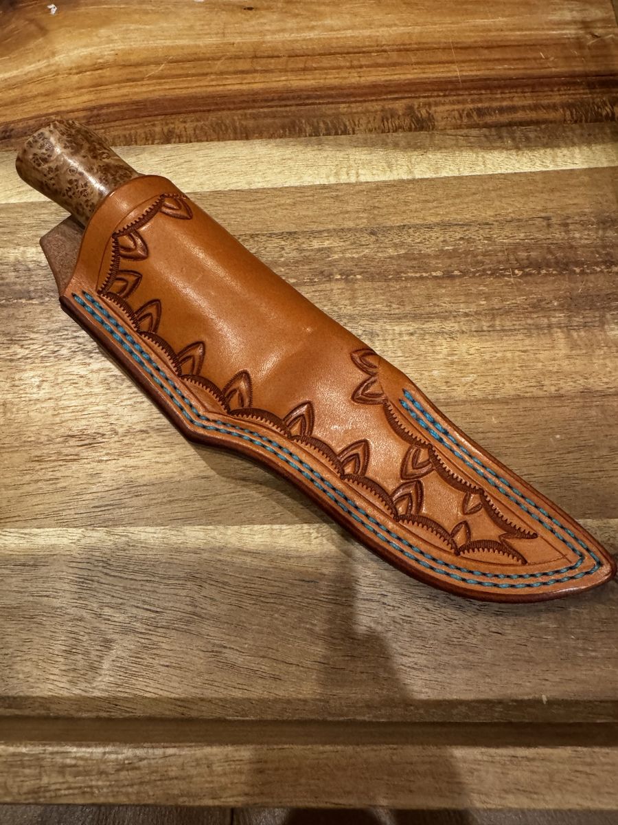 Schenk Knives Custom Fixed Blade Knife with Damascus Steel Blade, Burl Wood Handle, and Tooled Leather Sheath