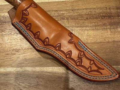 Schenk Knives Custom Fixed Blade Knife with Damascus Steel Blade, Burl Wood Handle, and Tooled Leather Sheath