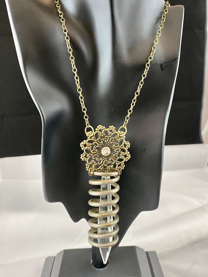 Vintage Salvage Shabby Chic Bling - Industrial Spring Chandelier Crystal Necklace - Long Bronze Chain - C PICS