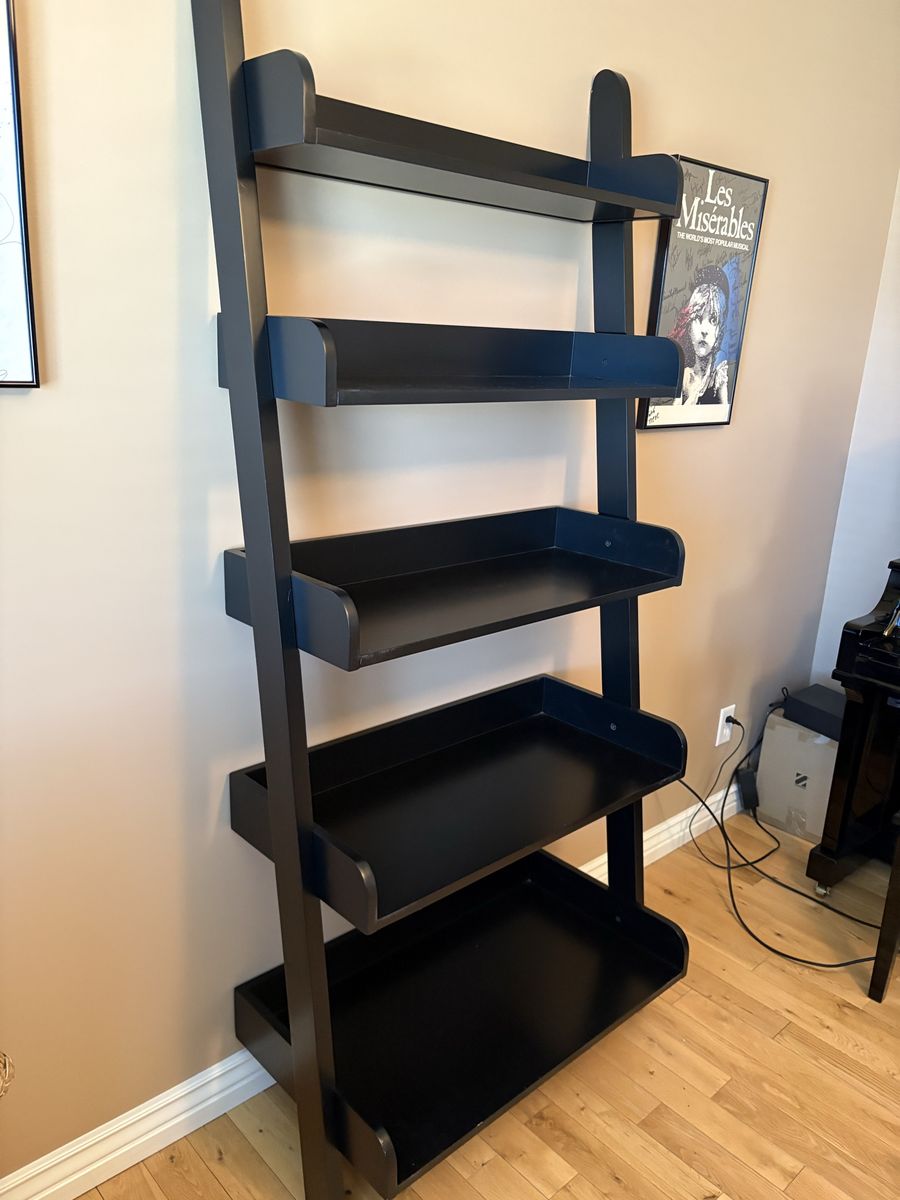 Black Wooden Ladder Bookshelf Leaning Wall Shelf 5-Tier Storage Display Unit