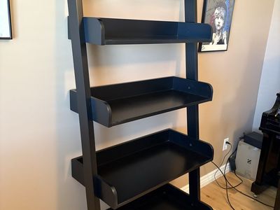Black Wooden Ladder Bookshelf Leaning Wall Shelf 5-Tier Storage Display Unit