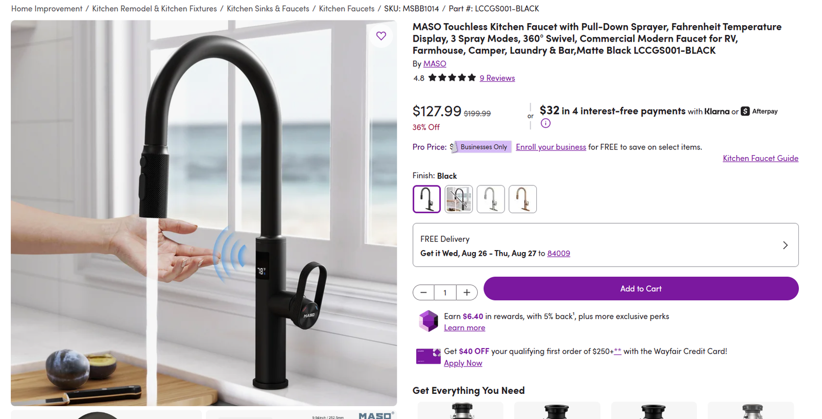 MASO Touchless Kitchen Faucet with Pull-Down Sprayer Matte Black