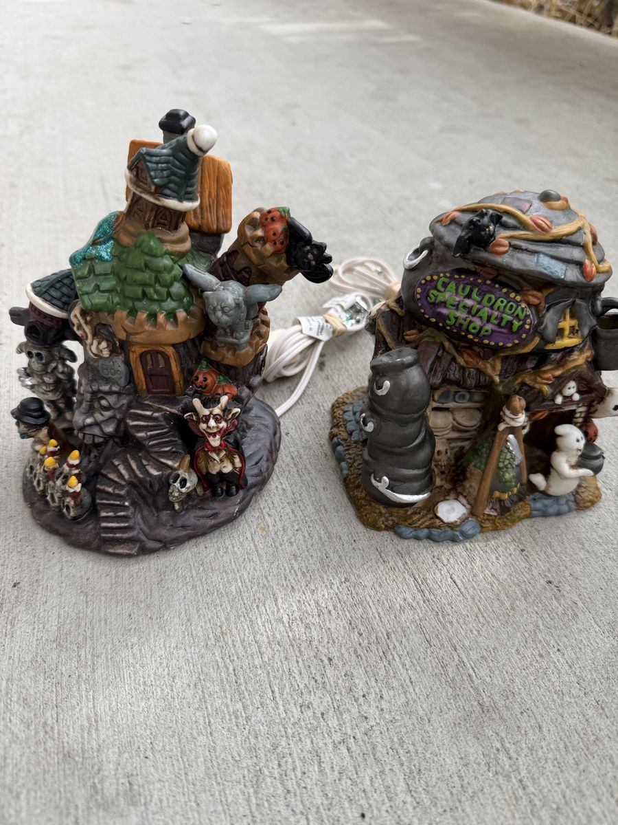 Vintage Halloween Village Houses Lighted Cauldron Specialty Shop & Haunted House Set of 2