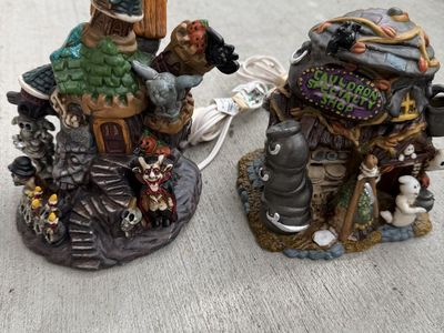 Vintage Halloween Village Houses Lighted Cauldron Specialty Shop & Haunted House Set of 2