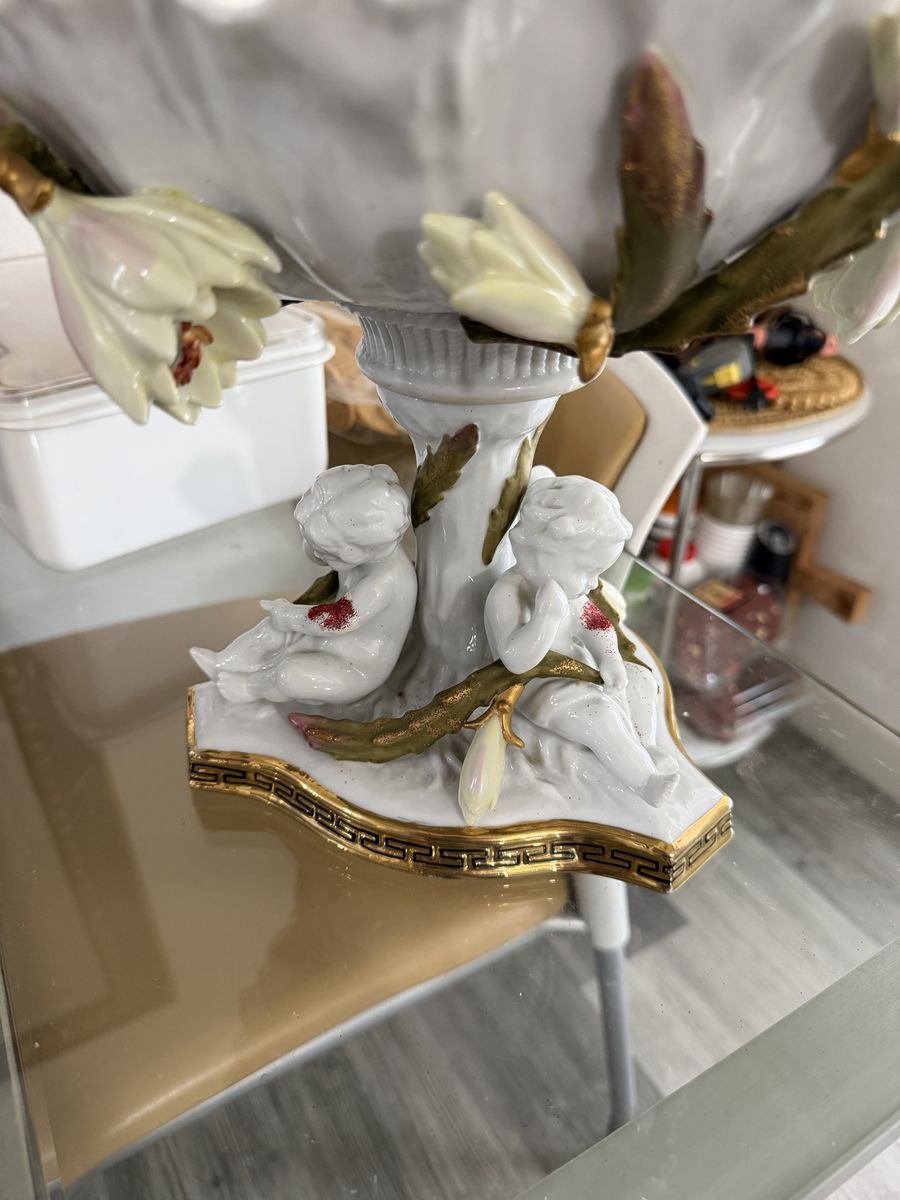 Vintage Porcelain Cherub Figural Decorative Compote Bowl with Floral Accents