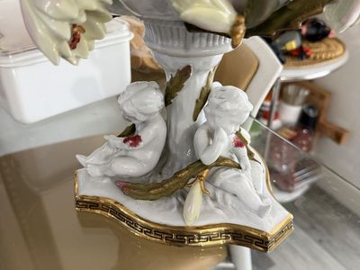 Vintage Porcelain Cherub Figural Decorative Compote Bowl with Floral Accents