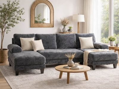 NEW 112” U-Sectional Dark Gray Velour Chenille