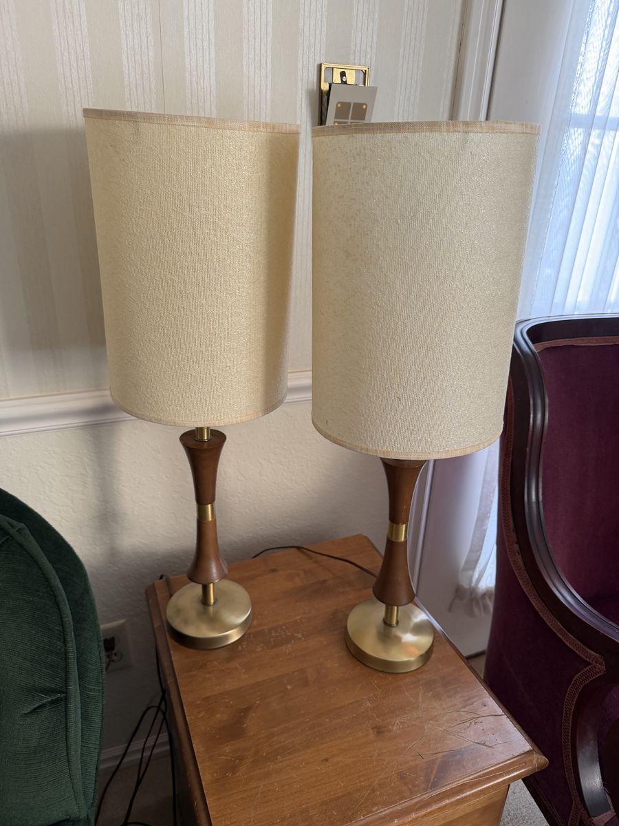 Pair Vintage Mid-Century Modern Walnut & Brass Table Lamps  $200 cash/venmo in Provo