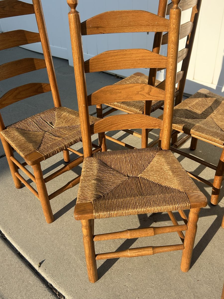 Vintage Wooden Ladderback Dining Chairs with Rush Woven Seats - Set of 7