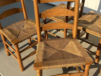 Vintage Wooden Ladderback Dining Chairs with Rush Woven Seats - Set of 7