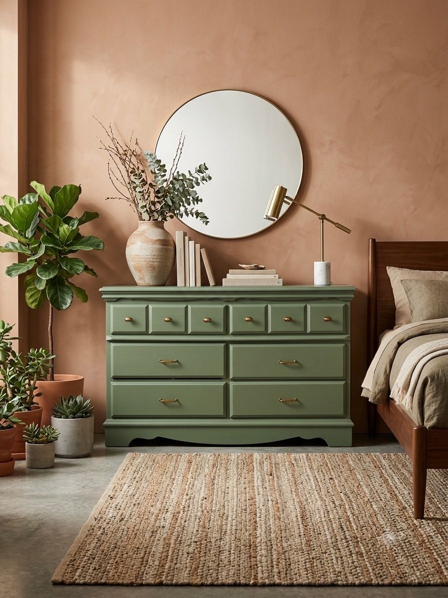 Olive Green Wooden Bedroom Dresser with Brass Hardware