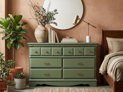 Olive Green Wooden Bedroom Dresser with Brass Hardware