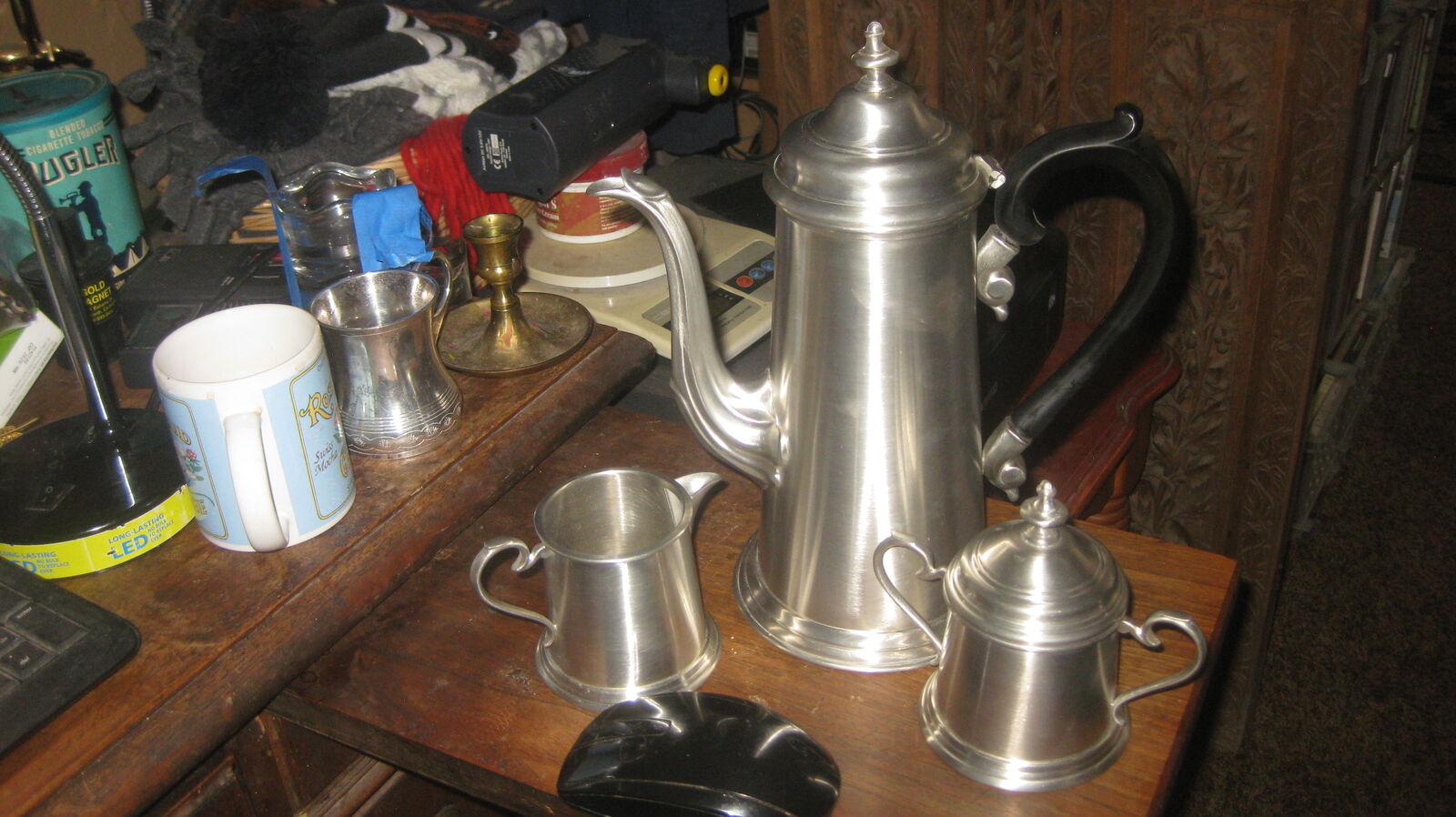 Tea Service set with sugar and creamer, brand new, fine English pewter handmade in Sheffield