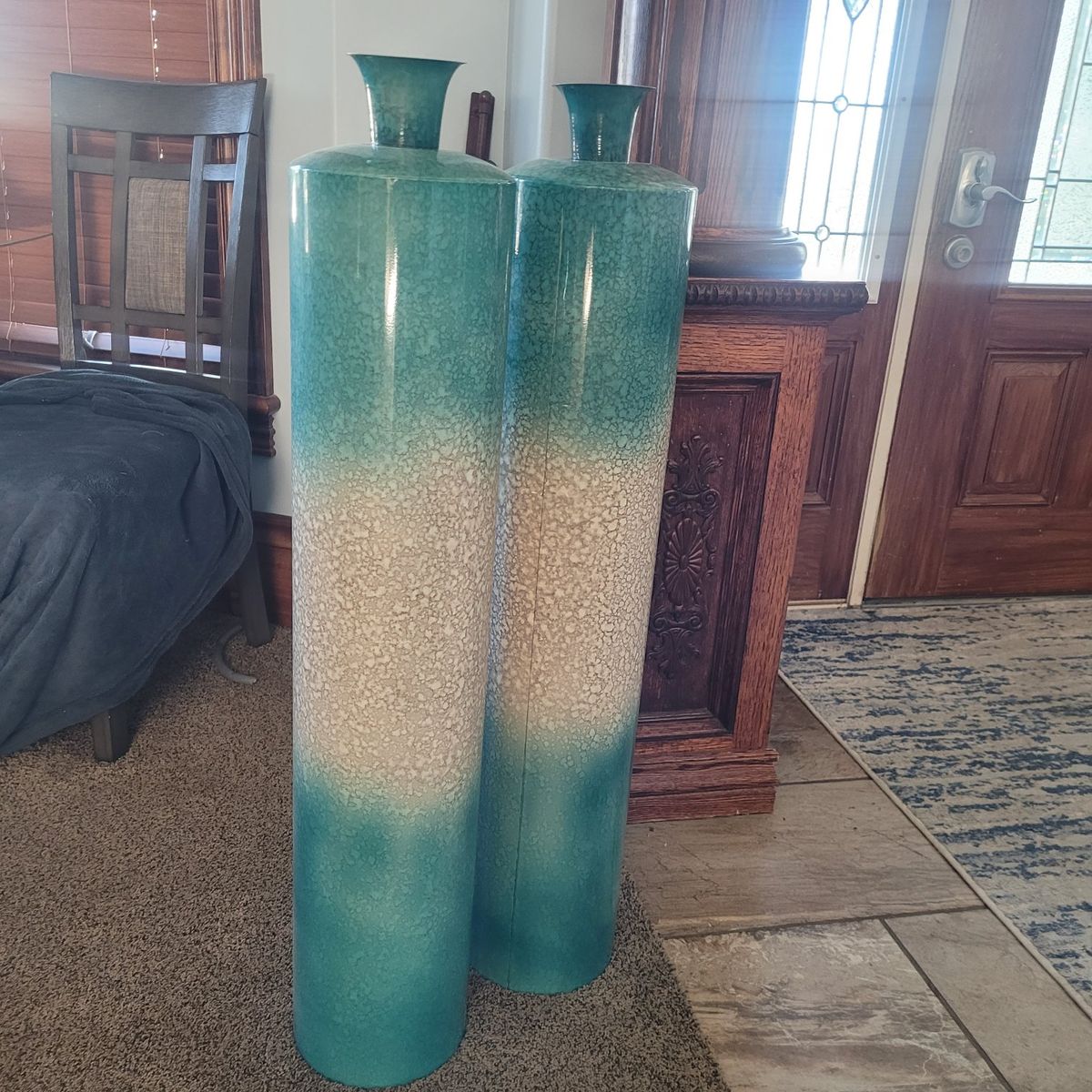 Pair of Large Turquoise and Cream Gradient Metal Floor Vases