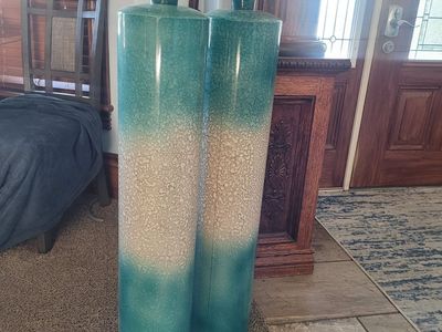 Pair of Large Turquoise and Cream Gradient Metal Floor Vases