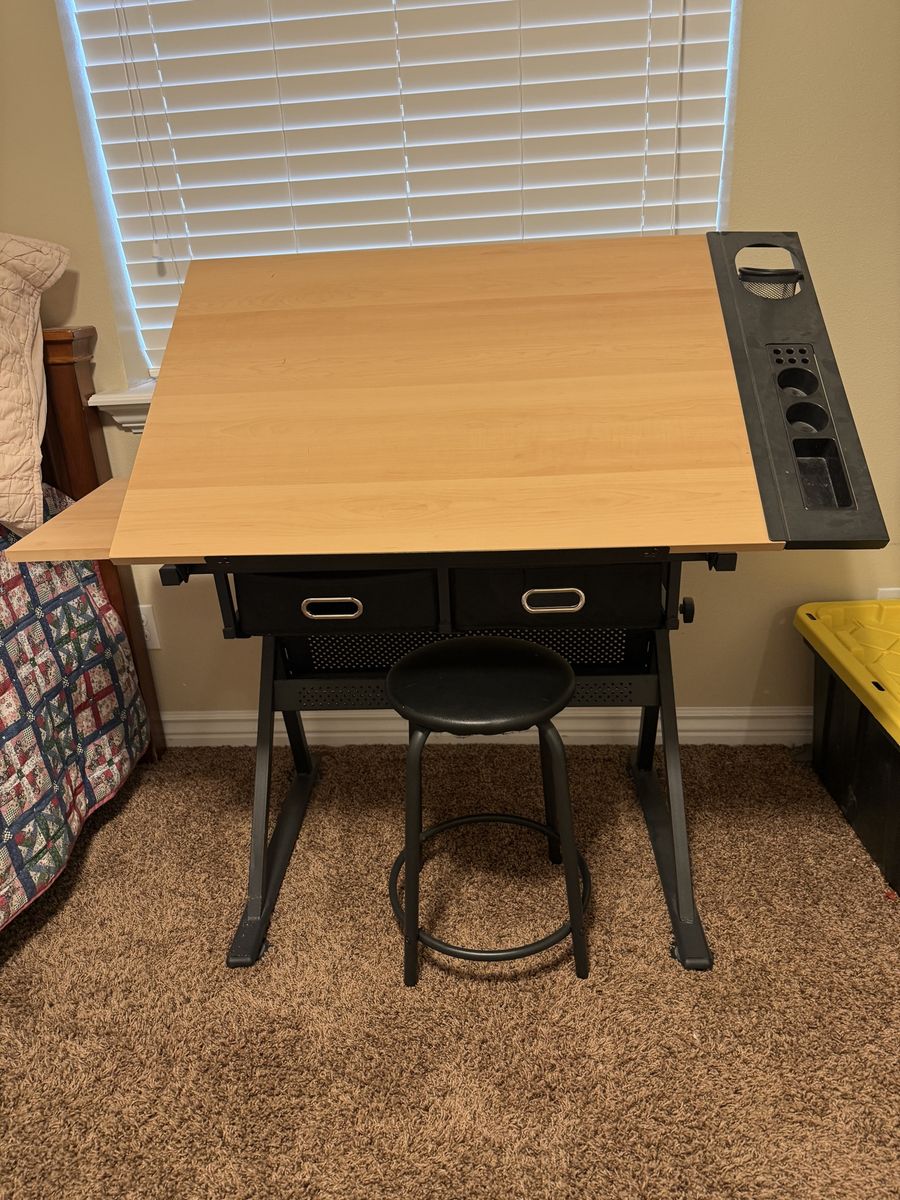 Adjustable Art / Drafting Table Desk with Stool & Storage Bins - Art, Craft, Studio Workstation