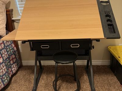 Adjustable Art / Drafting Table Desk with Stool & Storage Bins - Art, Craft, Studio Workstation
