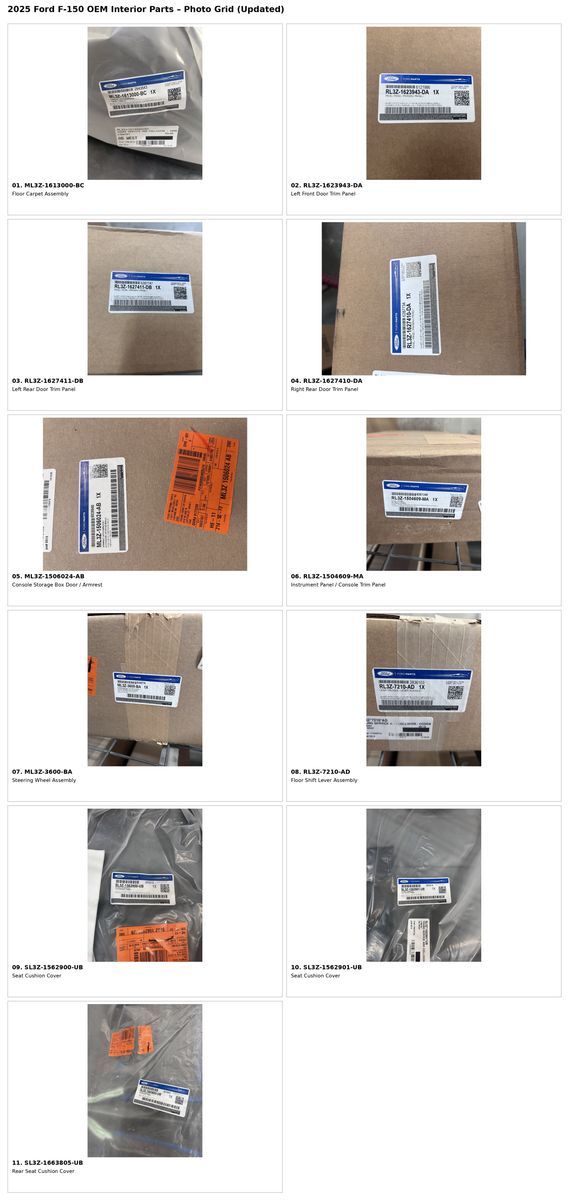 New OEM 2025 Ford F-150 XLT SuperCrew Interior Parts - Door Panels, Steering Wheel, Shifter, Carpet, Seat Covers