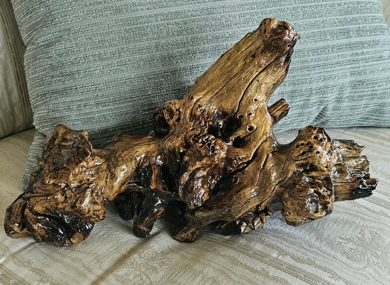 Polished Natural Wood Burl Sculpture Rustic Tabletop Decor 16"×8"