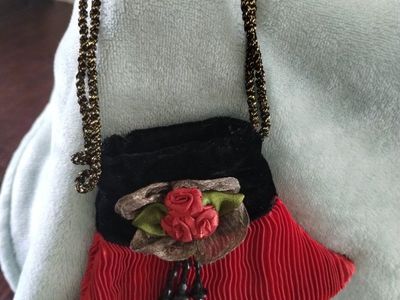 Handmade Vintage Style Red & Black Beaded Mini Purse with Rose Embellishment - 5" x 5"