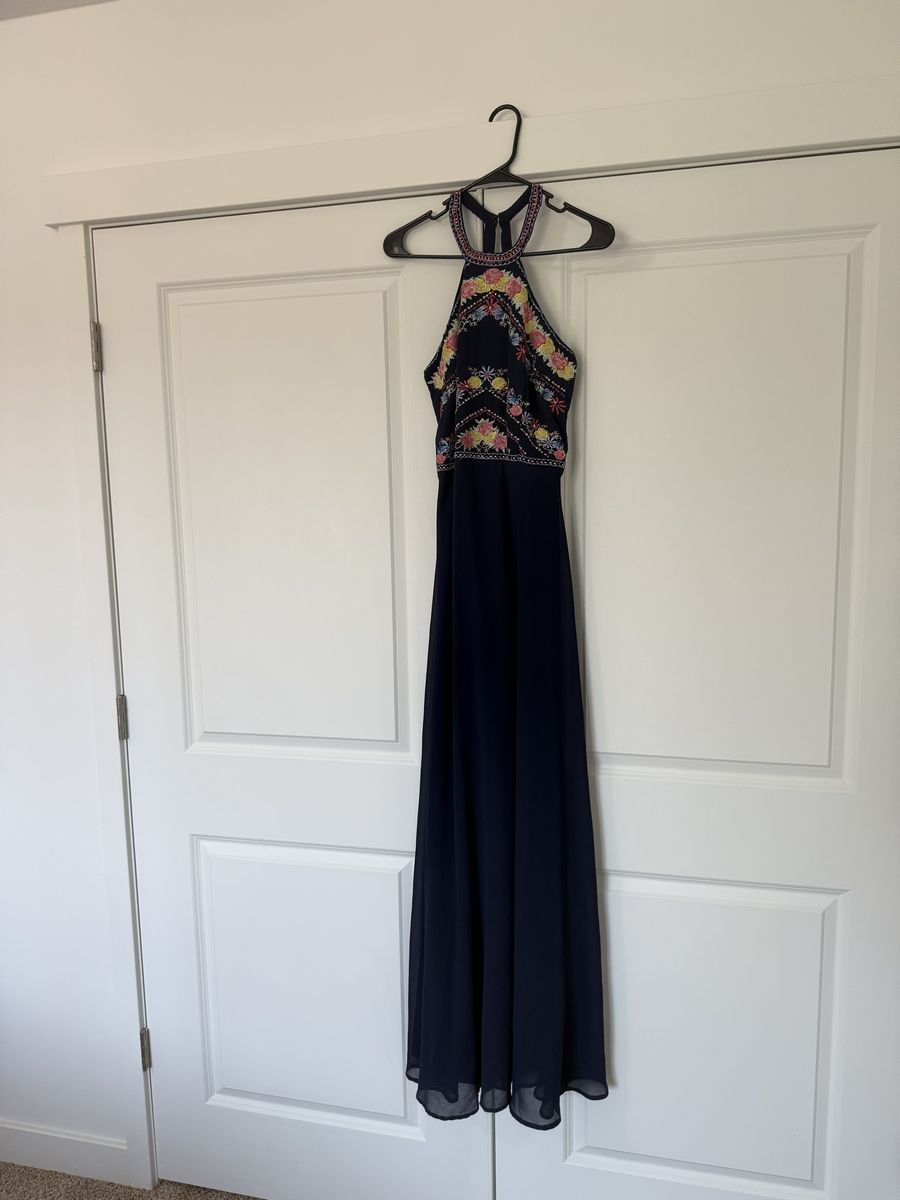 Navy Blue Floral Embroidered Halter Neck Maxi Dress Size M