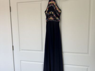 Navy Blue Floral Embroidered Halter Neck Maxi Dress Size M