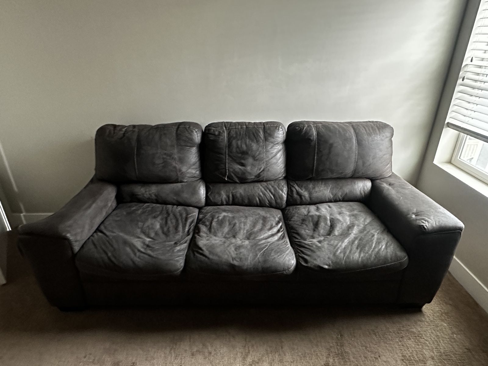 Used Black Velvety Leather 3-Seater Living Room Couch