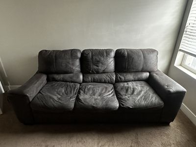 Used Black Velvety Leather 3-Seater Living Room Couch