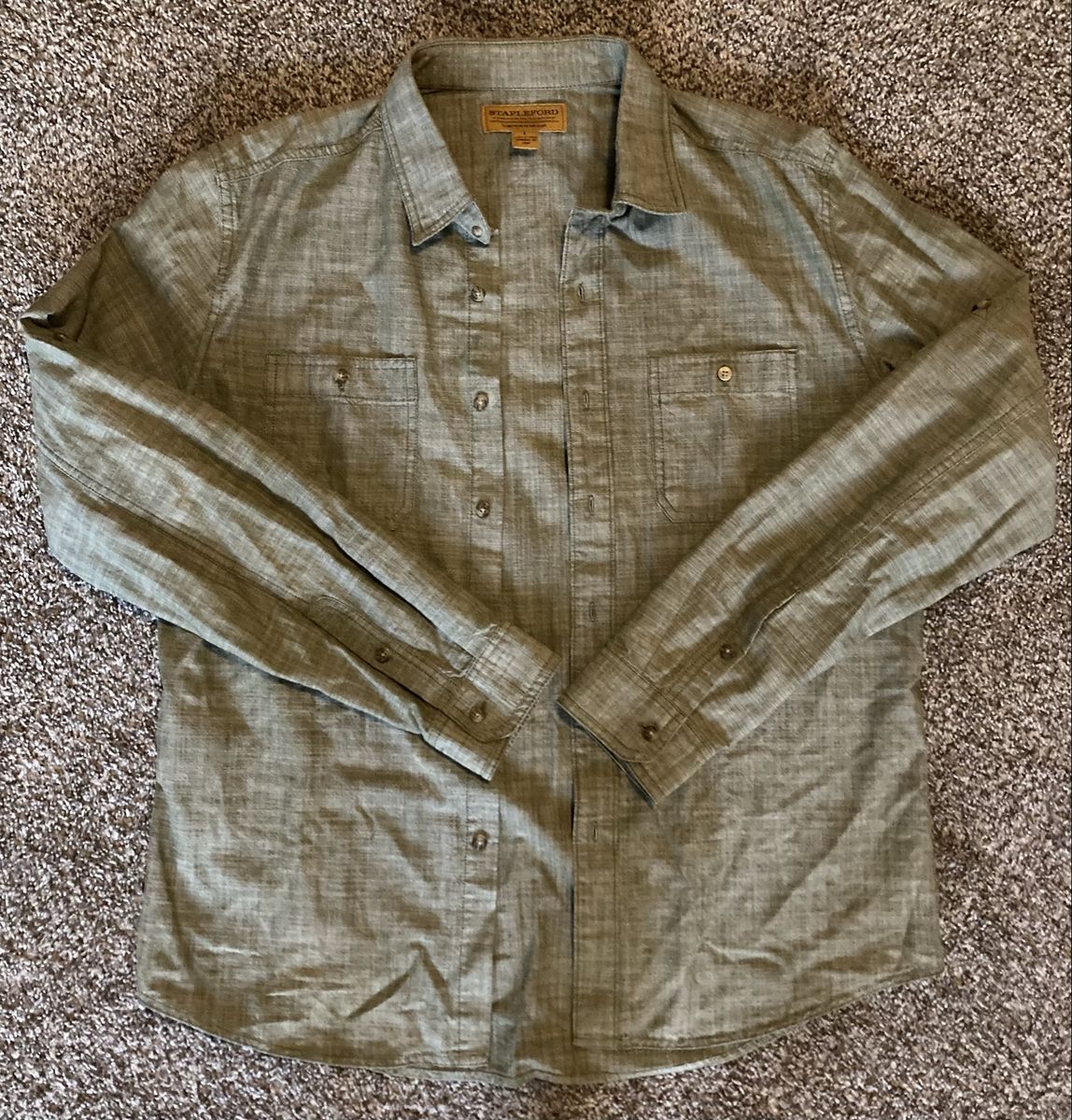 Stapleford Men's Green Long Sleeve 100% Cotton Button-Up Shirt with Pockets