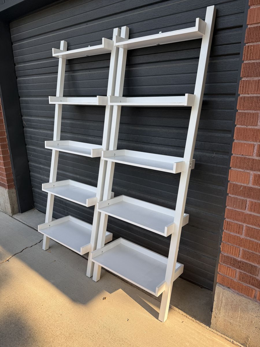 Pair of White 5-Tier Leaning Ladder Bookshelves / Display Shelves