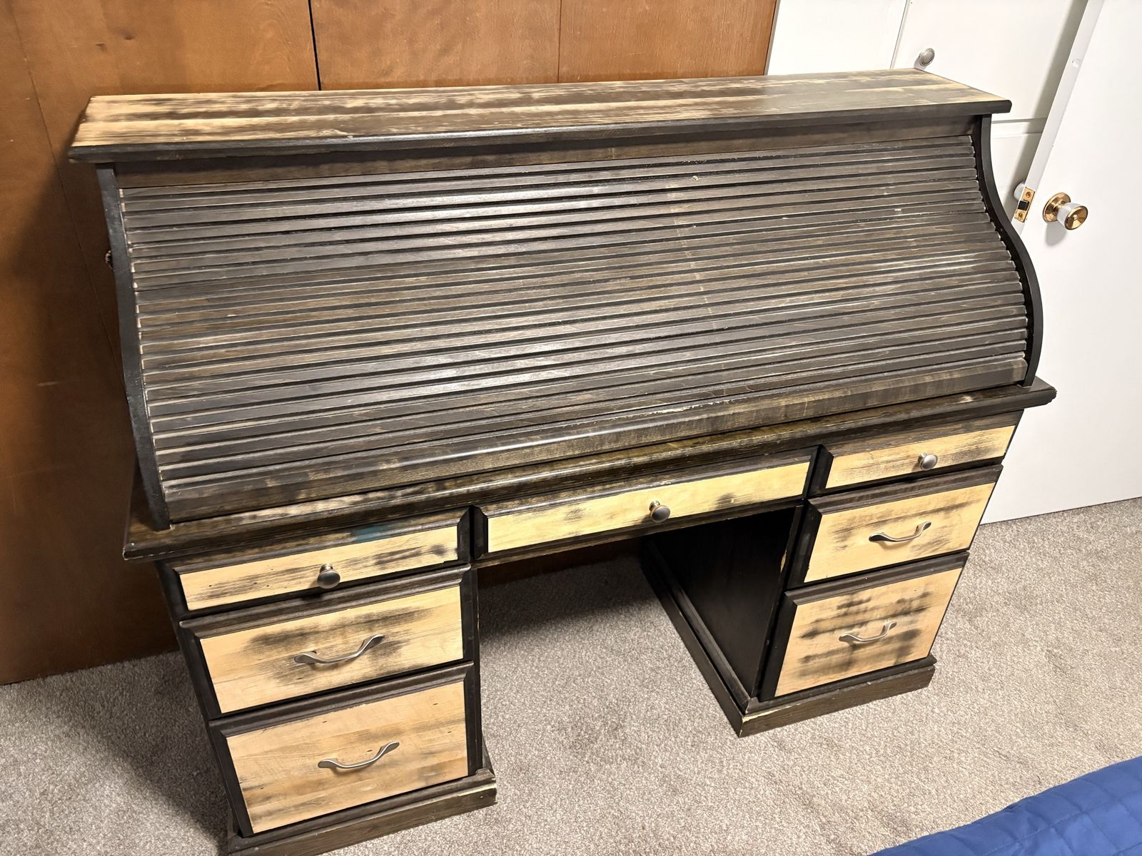 Vintage Solid Wood Roll-Top Desk with 7 Drawers - Classic Home Office Furniture