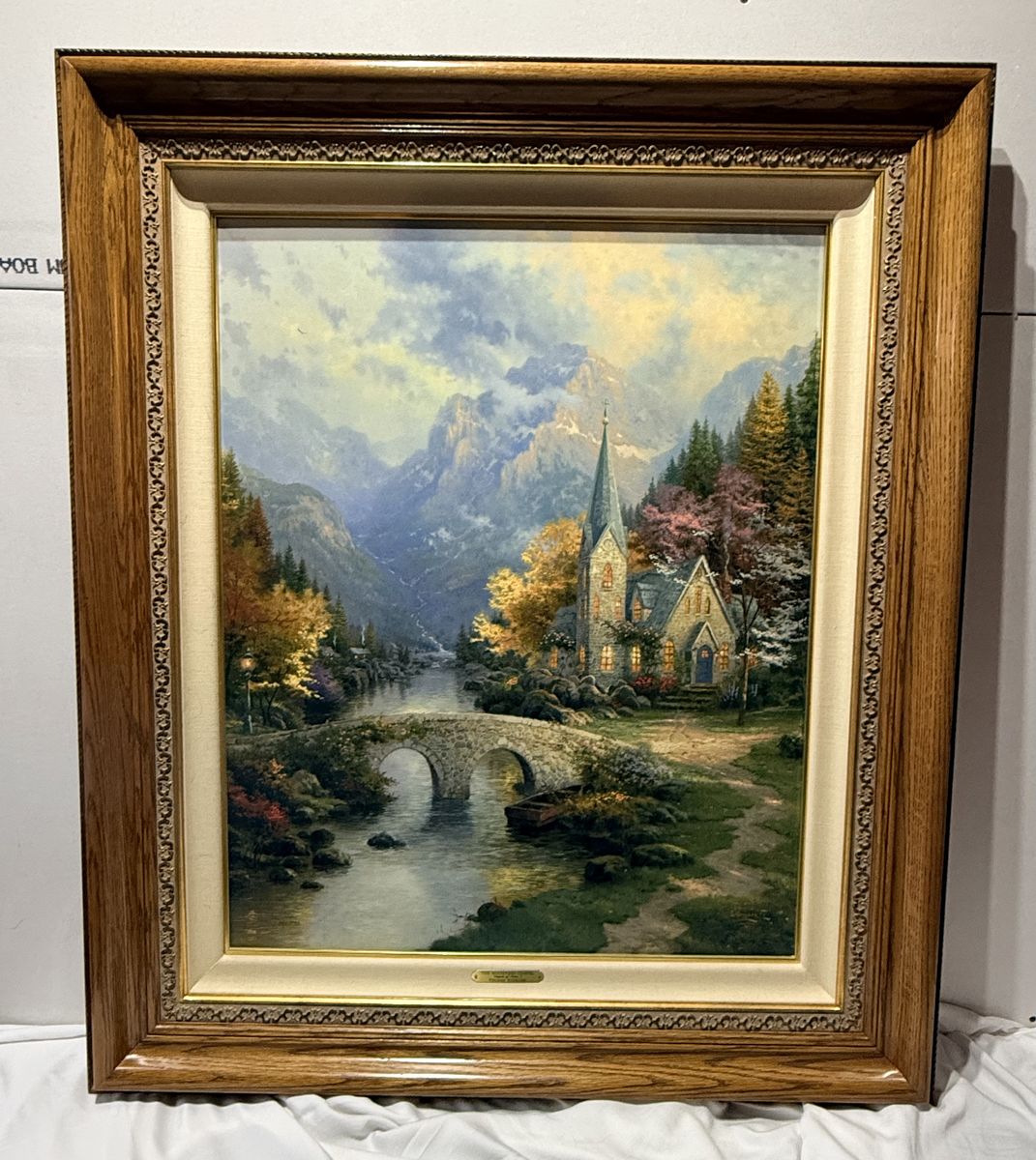 Thomas Kinkade Mountain Chapel with oak frame