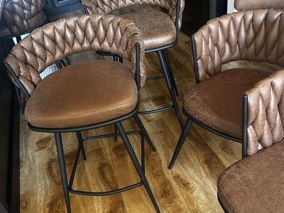 Set of 4Tufted Faux Leather Brown Bar Stools, Counter Height, Modern Design + 2 matching table chairs. Total six (6) chairs.