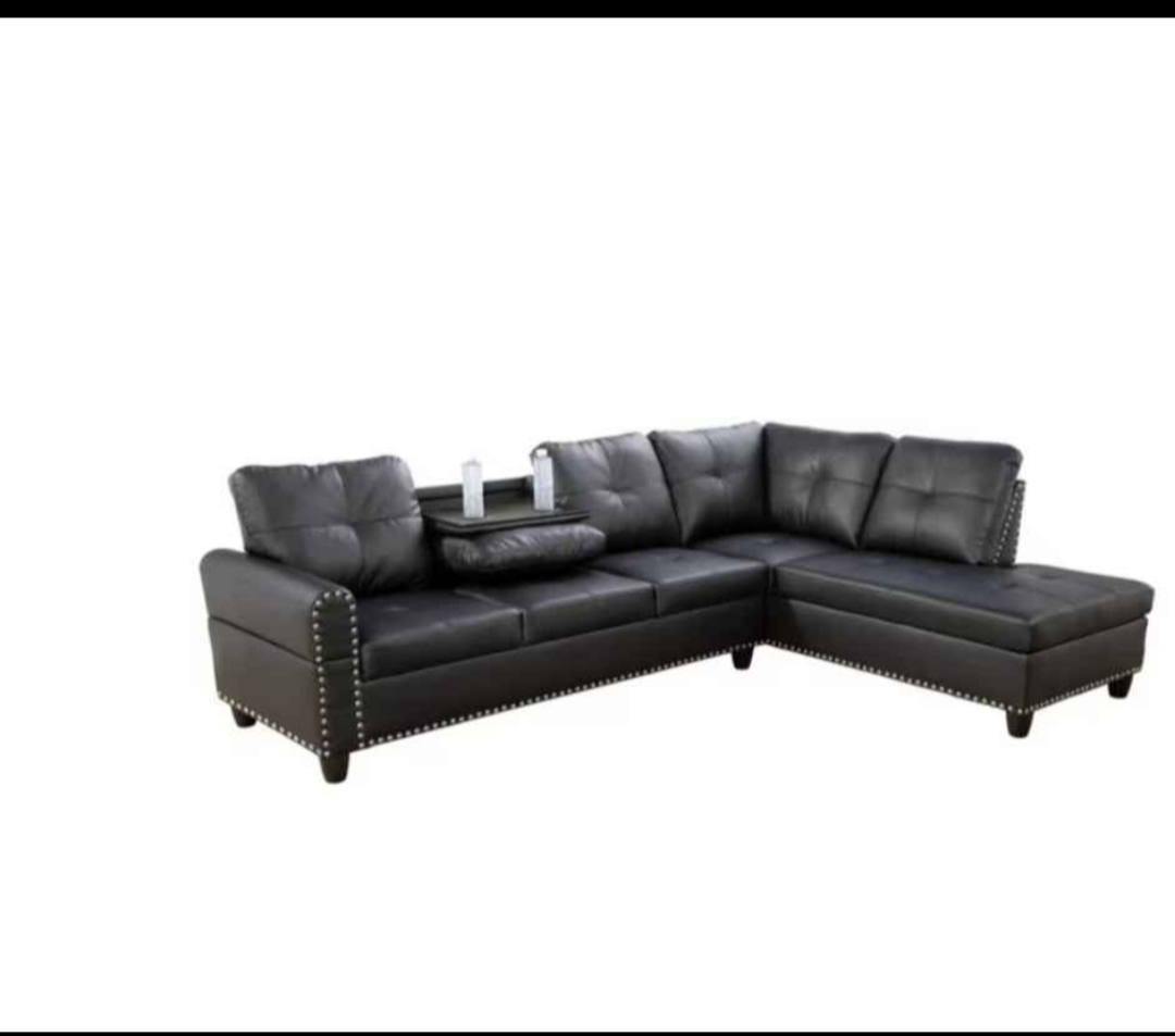 Devion Furniture Black Faux Leather Sectional Sofa with Storage & Cup Holders, 97.5" Wide