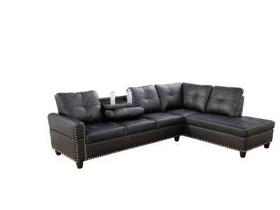 Devion Furniture Black Faux Leather Sectional Sofa with Storage & Cup Holders, 97.5" Wide
