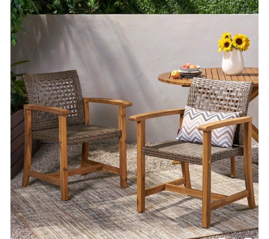 NEW Noble House Hampton Wooden Patio Dining Arm Chairs in Teak and Mocha (Set of 2)