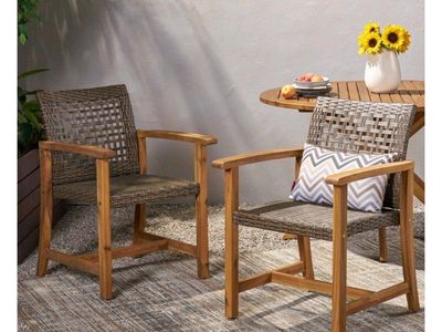 NEW Noble House Hampton Wooden Patio Dining Arm Chairs in Teak and Mocha (Set of 2)