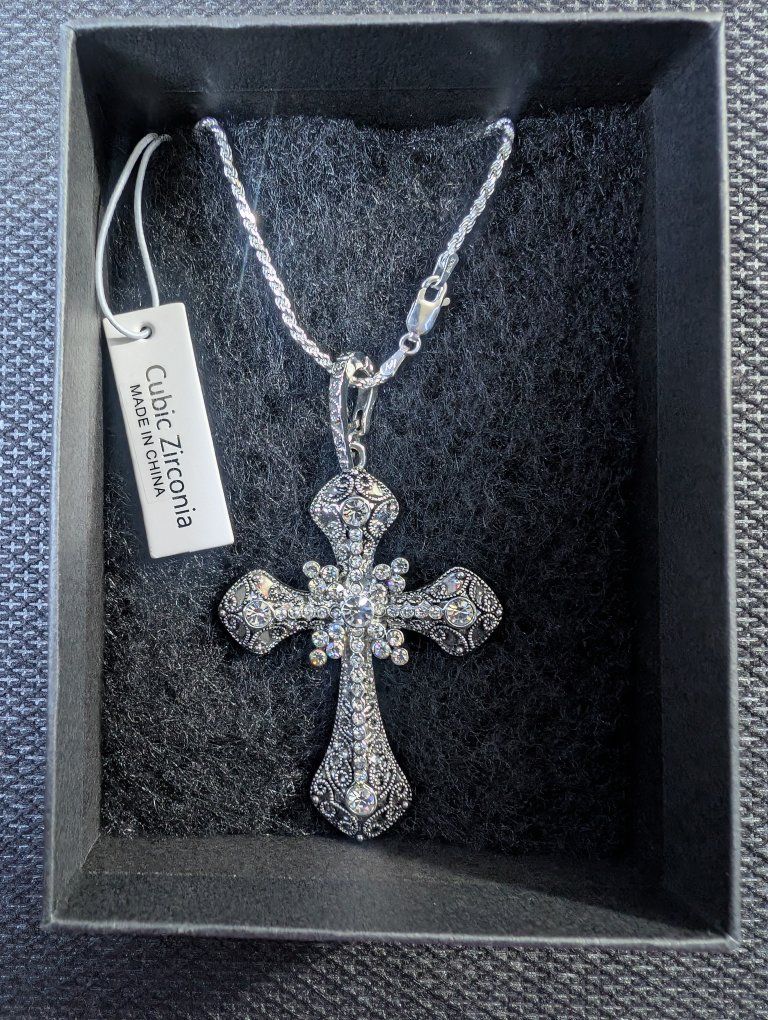 Cubic Zirconia Silver-Tone Filigree Cross Pendant Necklace with Chain