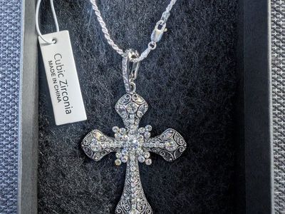 Cubic Zirconia Silver-Tone Filigree Cross Pendant Necklace with Chain