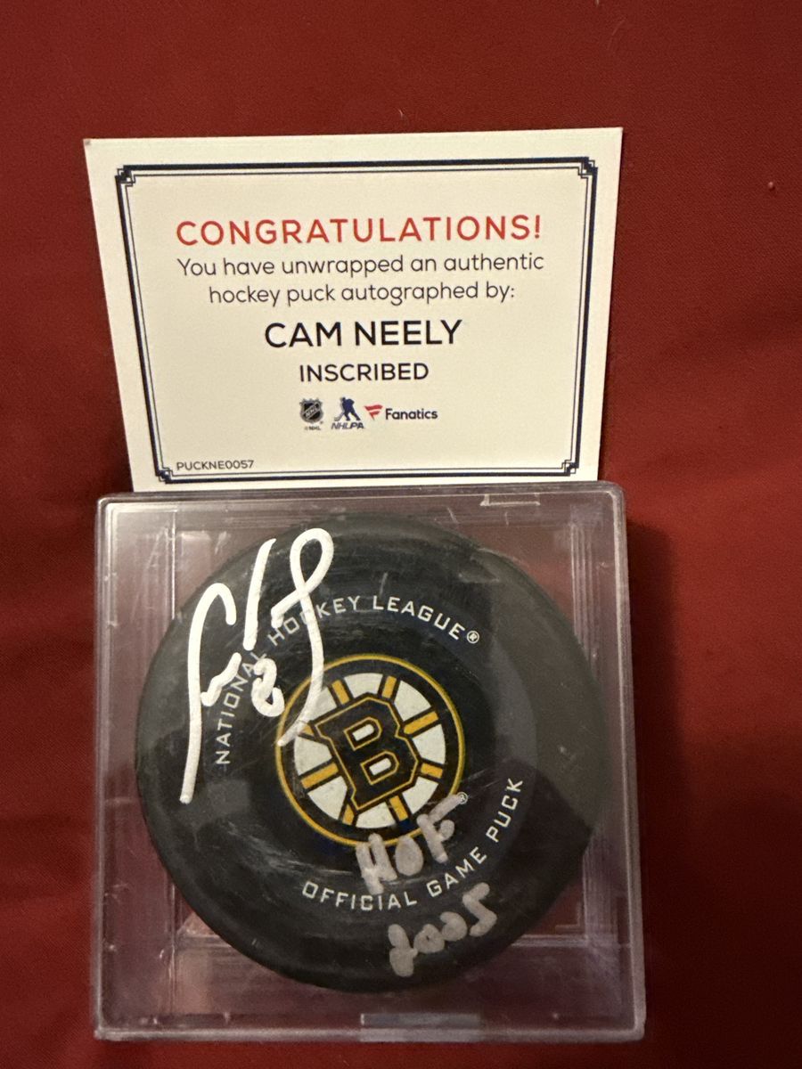 Cam Neely Autographed Boston Bruins NHL Official Game Puck with HOF 2005 Inscription & Fanatics COA