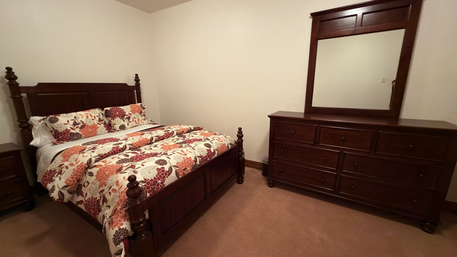 Dark Wood Bedroom Set -Queen Bed Frame, Nightstand, Dresser with Mirror - Excellent Condition. Mattress and bedding not included