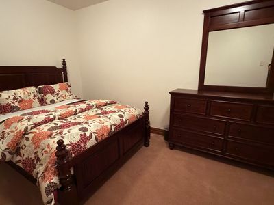 Dark Wood Bedroom Set -Queen Bed Frame, Nightstand, Dresser with Mirror - Excellent Condition. Mattress and bedding not included