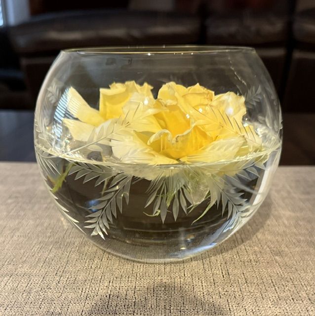Vintage Etched Leaves on Round Glass Rose Bowl Flower Vase