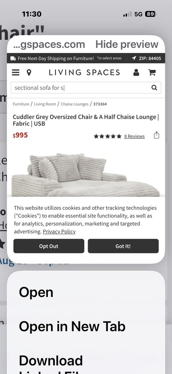 Living Spaces Cuddler Oversized Chair & A Half Chaise Lounge - Beige Fabric