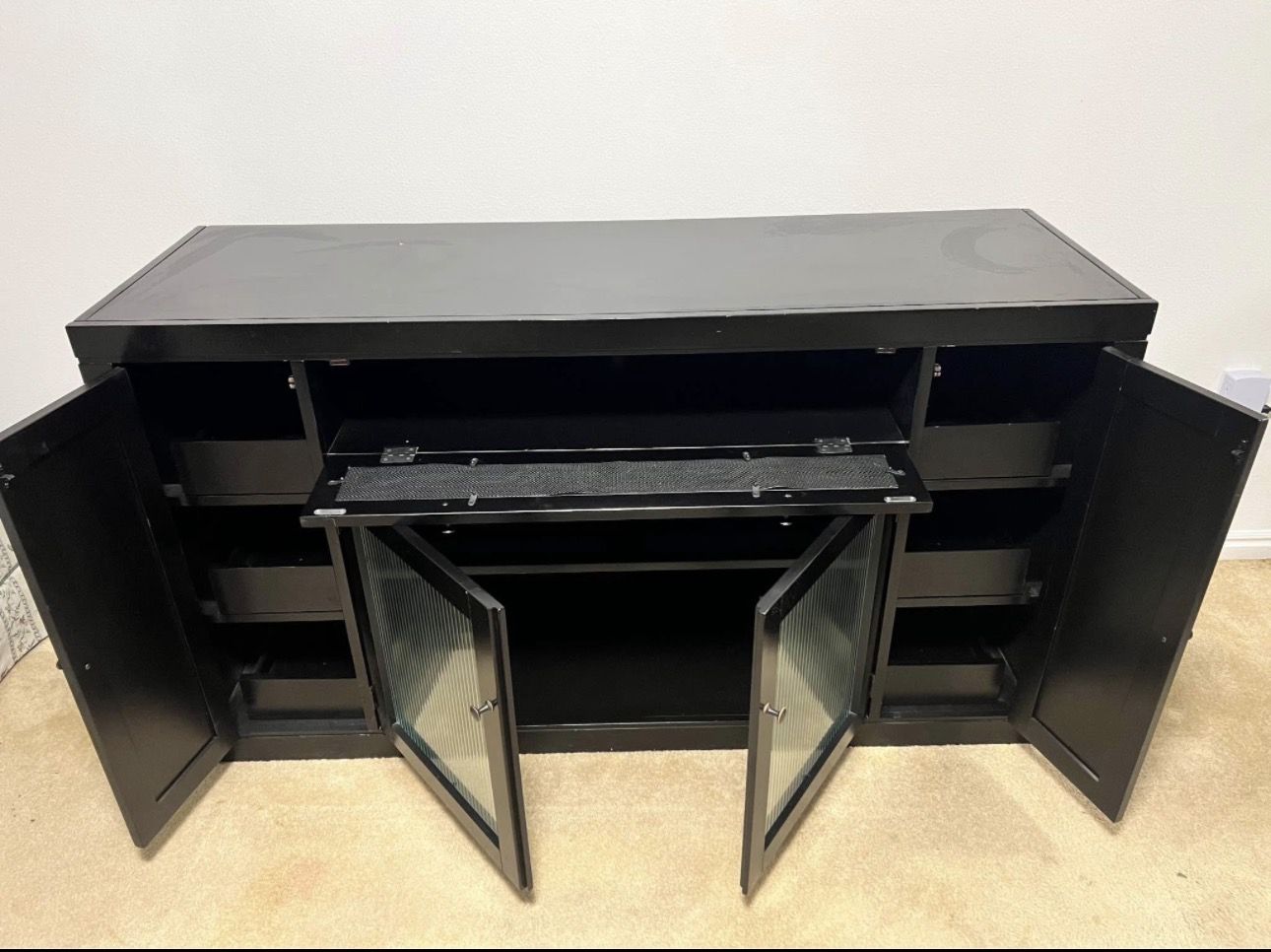 Black Wooden Entertainment Center Media Console TV Stand with Glass Doors