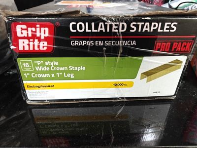 Grip Rite 16 GA "P" Style 1" Crown x 1" Leg Wide Collated Staples, Electrogalvanized