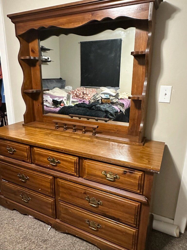 Vintage wood dresser; matching mirror