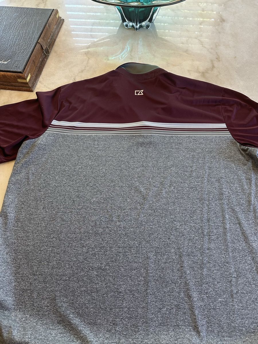 Cutter & Buck Men's XXL Maroon Gray Striped Short Sleeve Polyester Polo Golf Shirt
