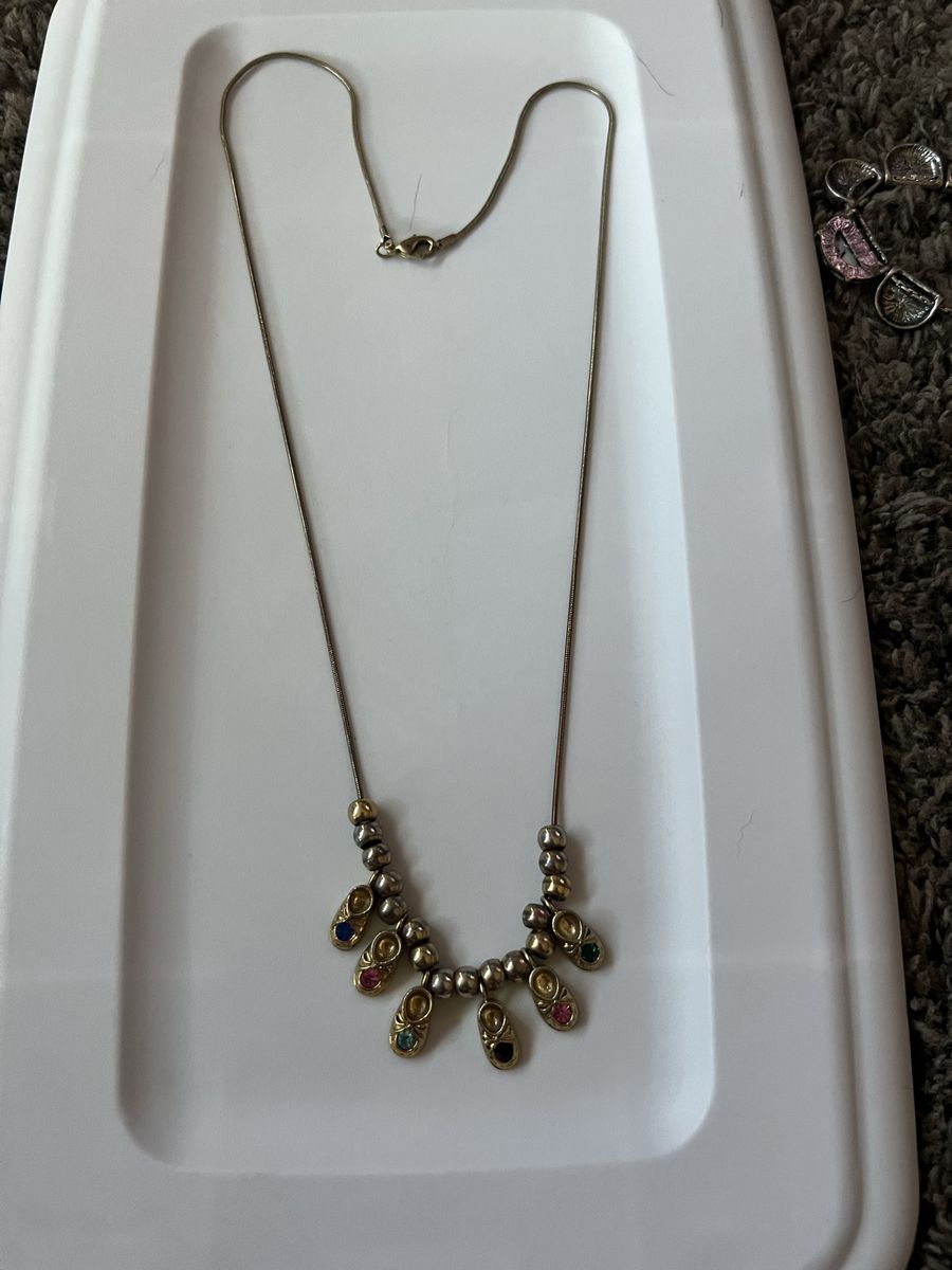 Vintage Baby Shoe Charm Necklace with Multi-Color Rhinestones - Unique Gold Tone Chain. Birthstones for $